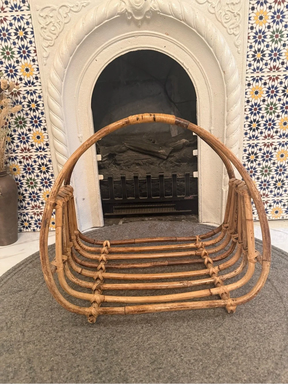 Vtg Mid Century Albini Syle Rattan Bamboo Magazine Rack Firewood Basket Holder